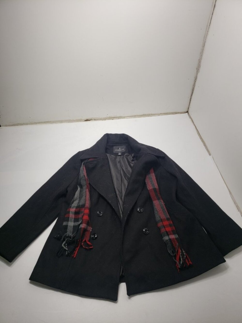 London Fog Womens XL Black Peacoat Double Breasted Plaid Scarf Wool Blend Coat